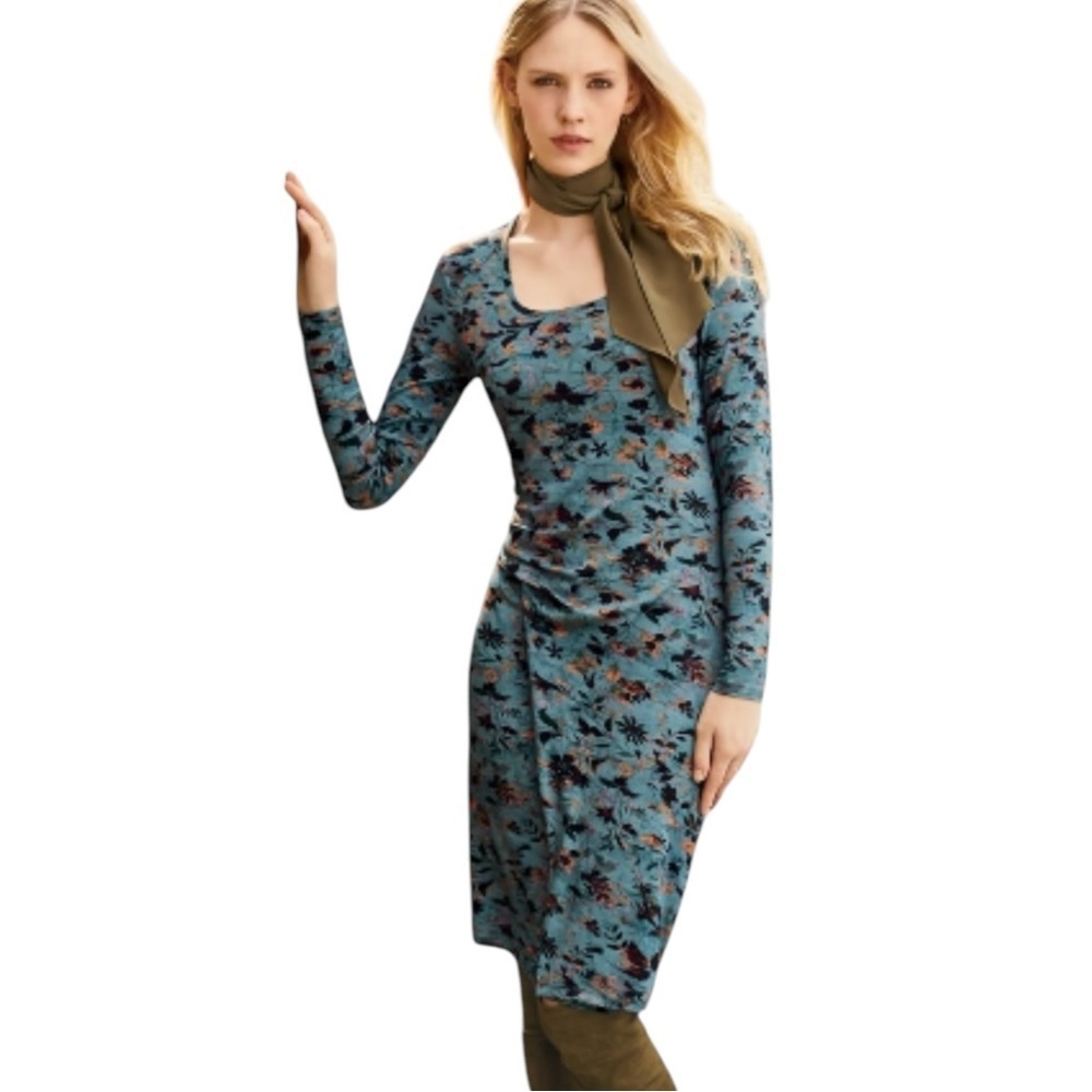 Peruvian Connection Ruched Floral Jersey Knit Dress XS or S Rayon Blue Flowers